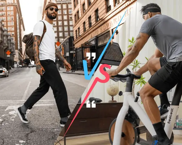 Man walking on city street vs man riding a stationary bike.