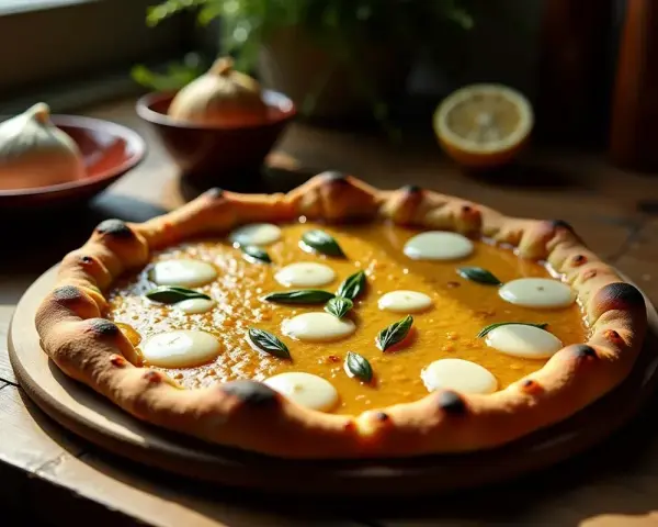 Apetyczna pizza bianca z pomarańczowym sosem, białymi kropkami sera i listkami bazylii, na drewnianym blacie.