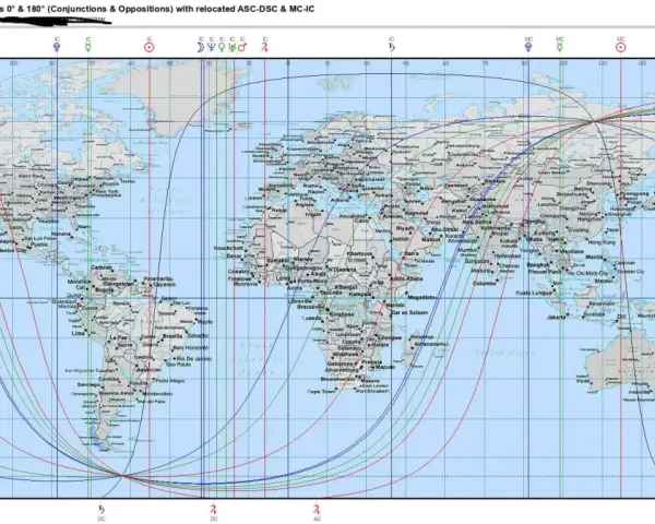 Mapa świata z liniami aspektów horoskopu urodzeniowego, pokazująca powiązania między miejscami narodzin a planetami.