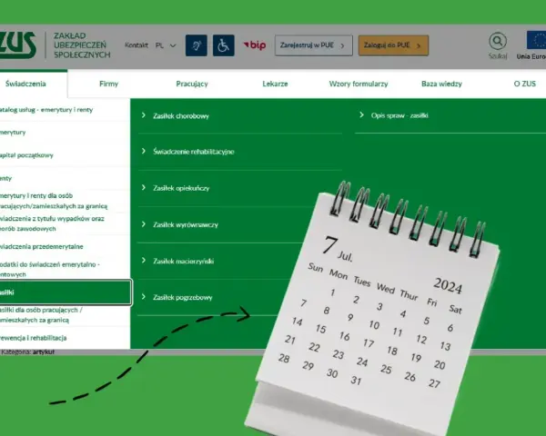 Strona ZUS z menu "Świadczenia" i kalendarzem z datą 7 lipca 2024.