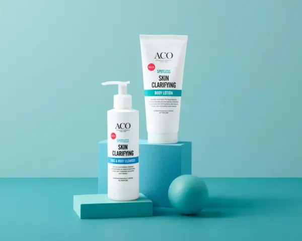 ACO Spotless Skin Clarifying Face & Body Cleanser och Body Lotion. Hjälper mot finnar på kroppen för en klarare hud.