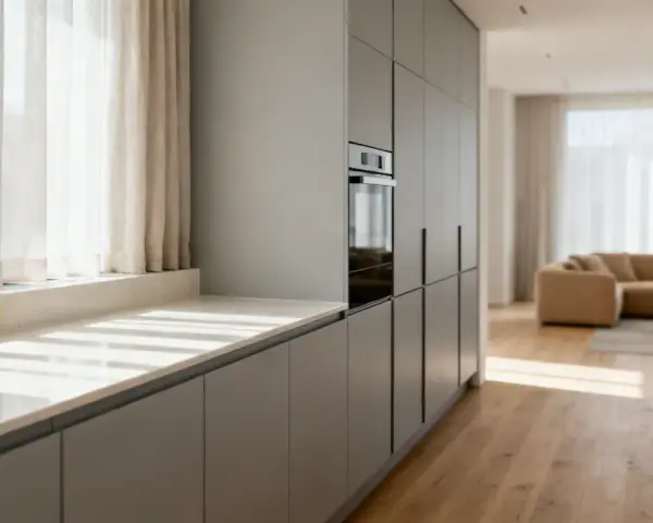 Cocina moderna con armarios grises y una encimera de mármol clara. La luz del sol entra por las cortinas blancas, iluminando el espacio.