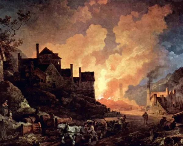 Un paisaje industrial con humo y fuego, que evoca **qué es la revolución industrial**. Casas y carretas con caballos completan la escena.