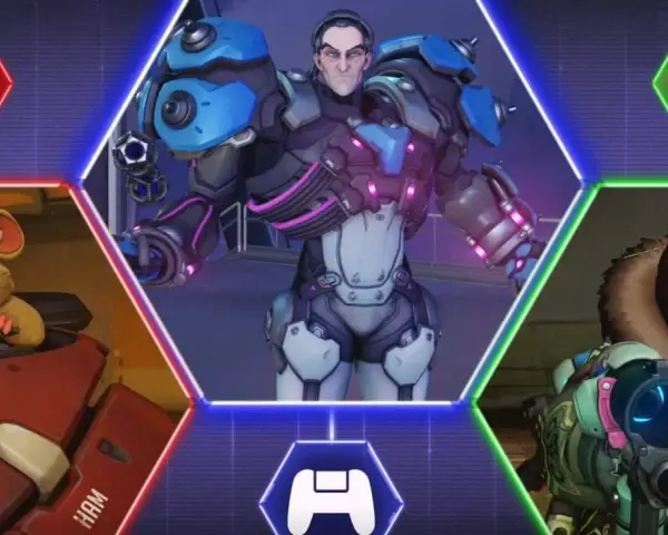 Overwatch 2 crossplay łączy graczy z różnych platform. Na obrazie widzimy Winstona, Me i Reinhardta, symbolizujących tę funkcję.