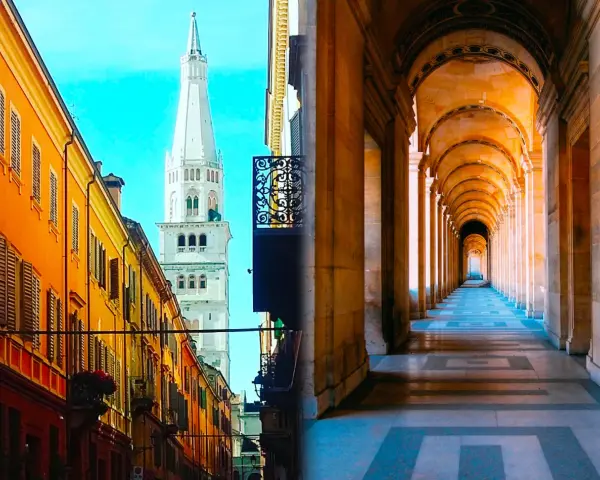 Split image: Left shows a street in Modena with colorful buildings and a tall white tower. Right shows a long, arched colonnade, evoking Bologna's porticoes.
