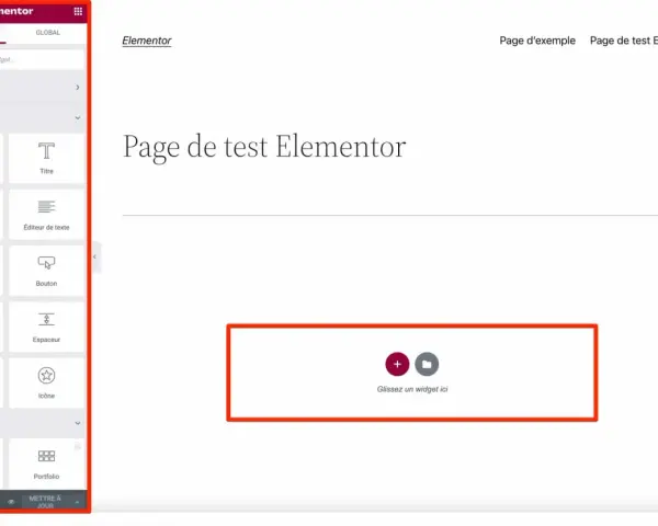 Interface Elementor pour créer une page de test. Le panneau latéral affiche divers éléments de thème, prêts à être glissés.