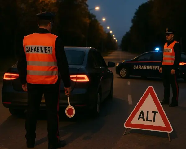 Carabinieri in alta visibilità fermano il traffico con un segnale di "ALT", applicando l'articolo 12 del codice della strada.