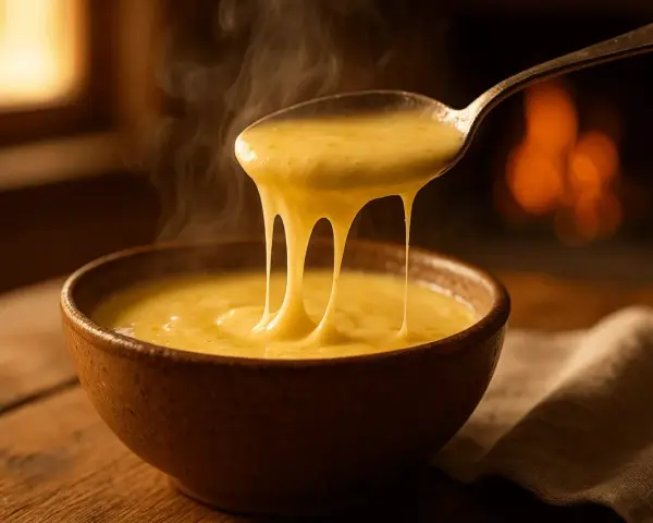 Une cuillère de crème de reblochon fumante s'étire au-dessus d'un bol, devant un feu de cheminée chaleureux.