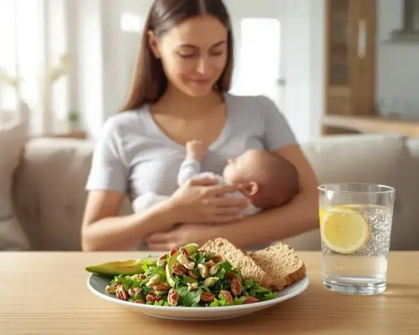 Zdrowa mama karmiąca piersią, obok talerz z sałatką, pieczywem i wodą z cytryną. To inspiracja do stworzenia własnej tabeli: co można jeść karmiąc piersią.