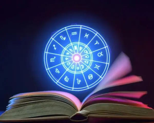 Otwarta księga, z której unosi się neonowy zodiak. Wskazuje na tajemnice i intuicję, jakby neptun w 6 domu odsłaniał codzienne przeznaczenie.