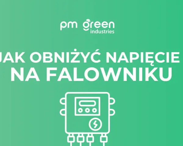 Grafika z napisem "Jak obniżyć napięcie na falowniku" i ikoną urządzenia.