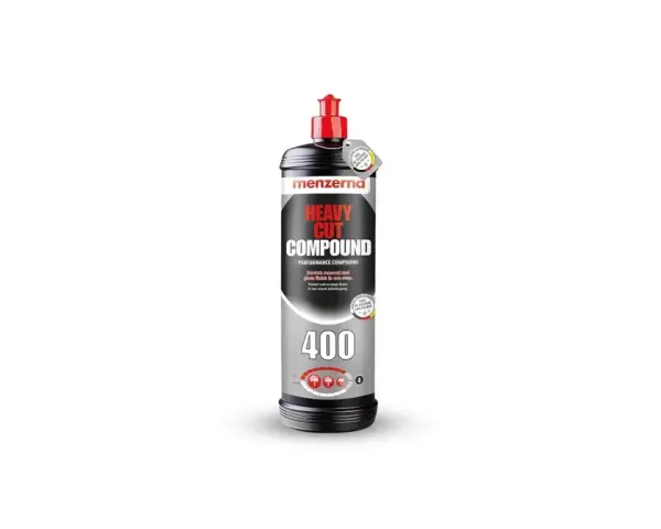En flaska Menzerna Heavy Cut Compound 400, en kraftfull polermedel för bilvård.