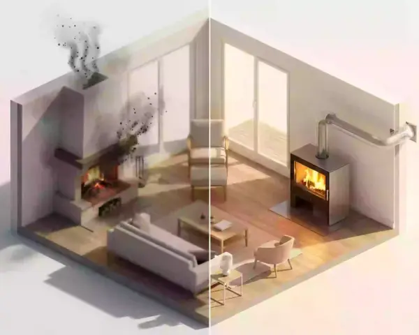 Comparaison : poêle à bois sans prise d'air extérieure (fumée, faible rendement) vs poêle moderne avec prise d'air extérieure (conforme RE2020).