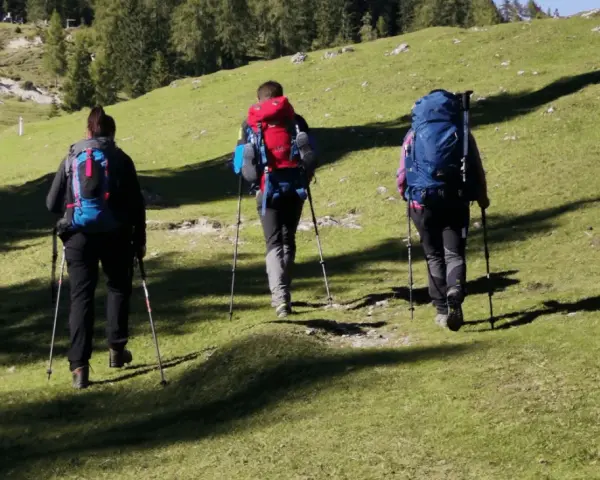 Tre escursionisti con zaini e bastoncini affrontano un sentiero in salita, godendosi i **percorsi trekking toscana**.