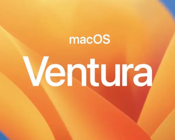 Logo macOS Ventura na pomarańczowym tle z falistymi kształtami.