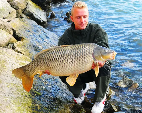 Szczęśliwy wędkarz z okazałym karpiem złowionym nad rzeką Rio Ebro.