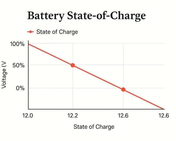 Graph shows car battery voltage decreasing as state of charge drops. A full charge is 100% at 12.6V.