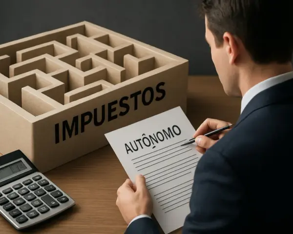 Hombre de traje frente a un laberinto con la palabra "IMPUESTOS". Sostiene un papel con "AUTÓNOMO" y una calculadora.