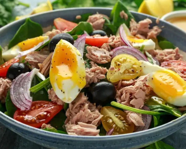 Ein köstlicher Thunfischsalat mit Ei, Tomaten, Zwiebeln und Oliven. Perfekt für ein leichtes Mittagessen oder als Thunfischsalat Rezept.