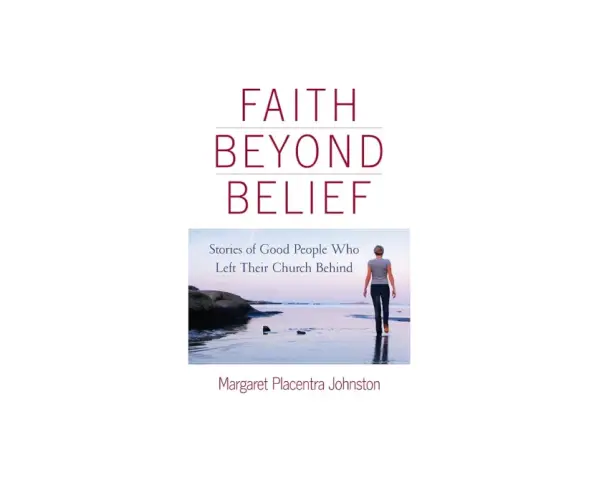 Faith Beyond Belief" book cover. A woman walks away from the viewer towards a serene ocean, symbolizing a personal journey of faith.