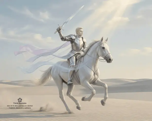 Un caballero en armadura plateada, montado en un caballo blanco, levanta una espada. Representa que significa el caballo de espadas en el tarot: acción y verdad.