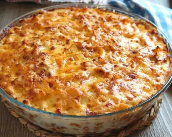 Macarrones al horno dorados y burbujeantes en una fuente de cristal, listos para servir.