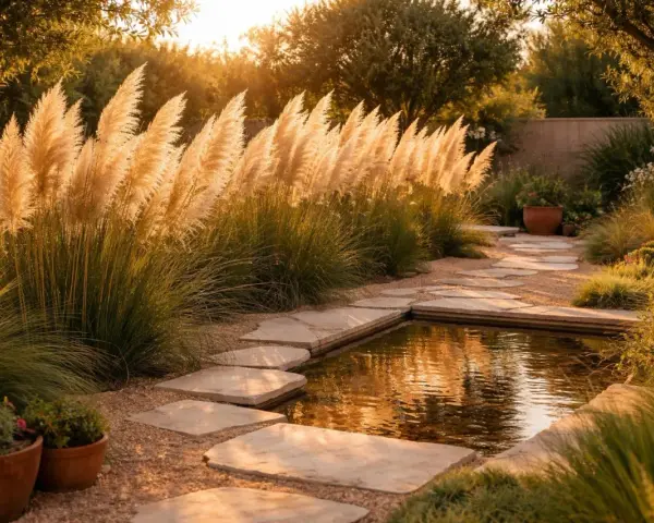 Goldene Abendsonne beleuchtet Pampasgras am Teichrand. Ein Steinpfad führt durch den Garten, der einen perfekten Pampasgras Standort zeigt.