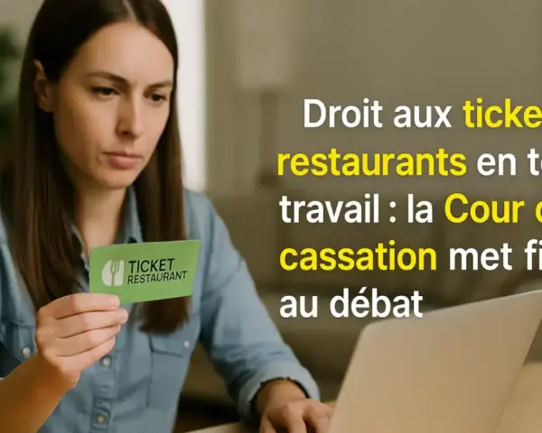 Une femme tient un ticket restaurant devant son ordinateur, illustrant le droit aux tickets restaurant en télétravail.
