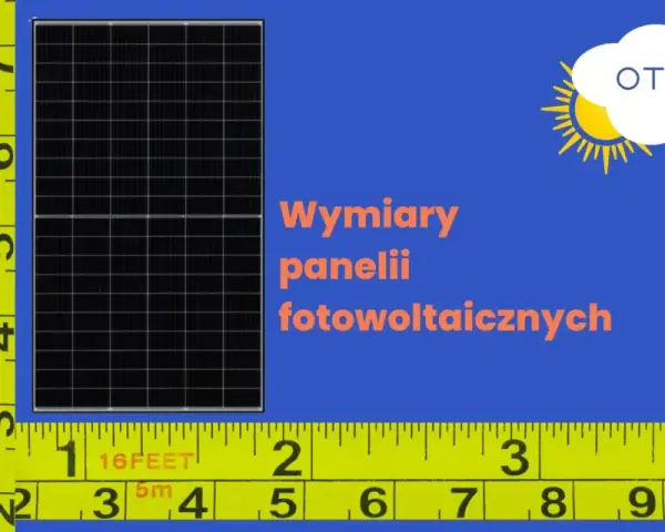 Miarka mierzy wymiary panelu fotowoltaicznego. Na taśmie widać podziałkę w stopach i centymetrach.