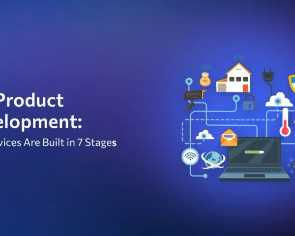 Illustration of IoT product development, showcasing smart home devices, security, and data flow, perfect for exploring new IoT startup ideas.
