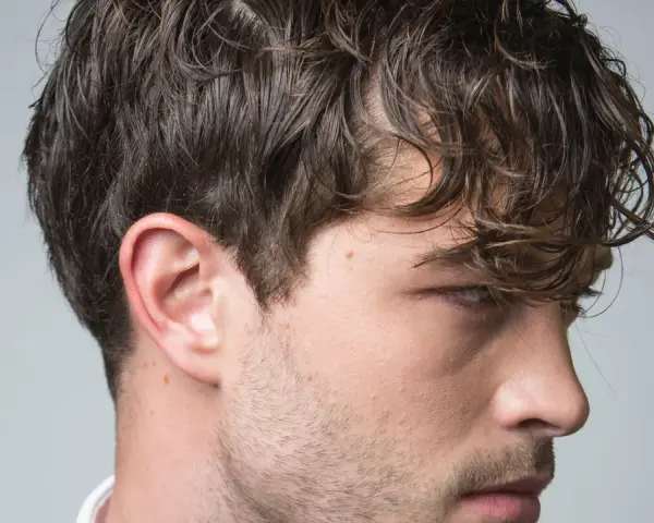 Perfil de hombre con cabello castaño ondulado y barba incipiente. Su corte de pelo es un rapado al 3 en los laterales.
