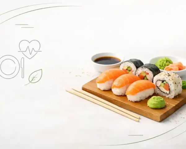 Sushi na desce, z sosem sojowym i wasabi. Poznaj sushi wartości odżywcze i ciesz się zdrowym posiłkiem.