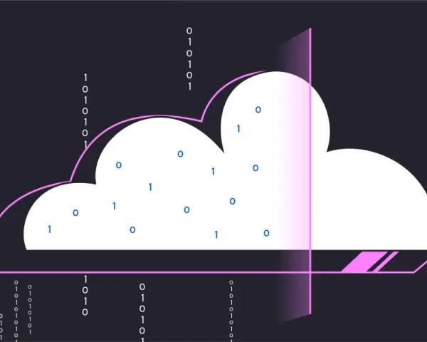 Binary code streams surround a cloud graphic, symbolizing data-driven cybersecurity and the protection of digital information.