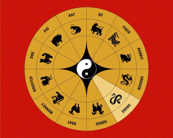Chiński zodiak z symbolem yin-yang w centrum. Wyróżniony jest chinski waz, obok smoka.