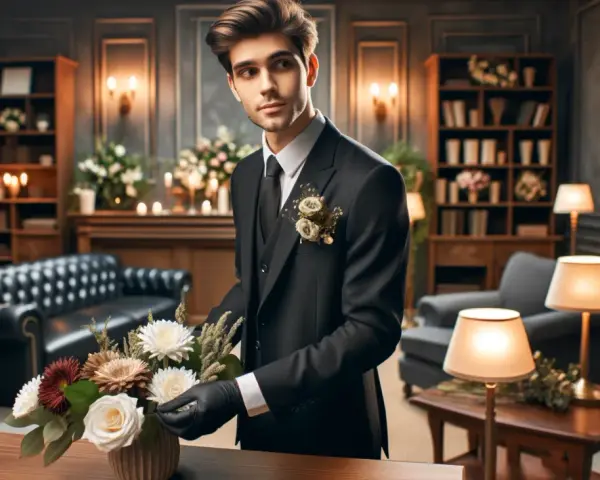 Giovane necroforo in abito elegante sistema fiori, il suo stipendio è modesto ma il suo lavoro è svolto con dignità.