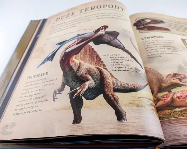 Ilustracja ze spinazurem i rybożercą, idealna dla dzieci. To najlepsza książka o dinozaurach dla dzieci, pełna fascynujących stworzeń.
