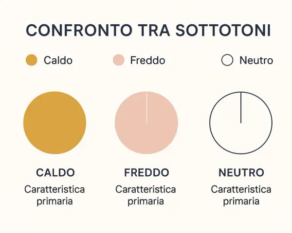 Confronto sottotoni pelle: cerchi colorati indicano caldo (giallo ocra), freddo (rosa pesca) e neutro (contorno blu).