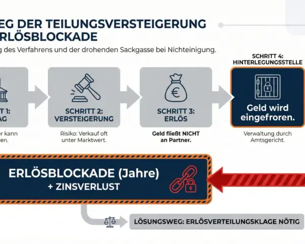 Der Weg der Teilungsversteigerung: Antrag, Versteigerung, Erlös wird eingefroren. Bei Nichteinigung droht Erlösblockade, Zugang zum Eigentum verweigert.