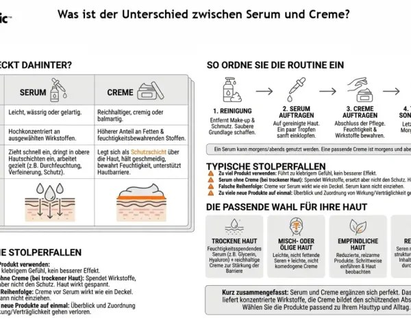 Serum ist leicht & konzentriert, Creme bildet Schutzschicht. Für trockene Haut nur Serum statt Creme ist nicht genug.