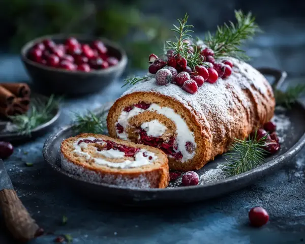 En vackert dekorerad rulltårta med grädde och lingon, perfekt för ett juligt rulltårta recept.