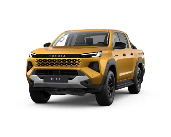 Złoty Toyota Hilux, nowy model pickup, z charakterystycznym grillem i nowoczesnymi światłami. Gotowy na każdą przygodę.