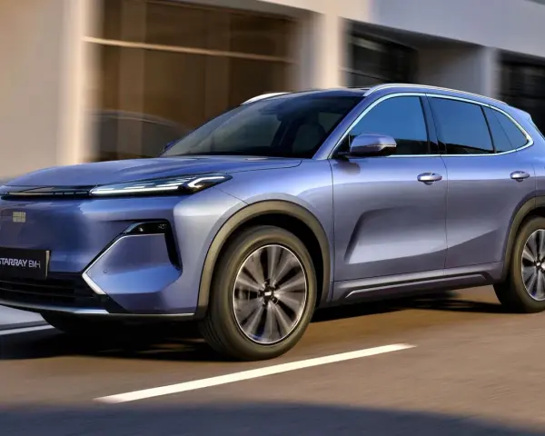 Niebieski SUV Geely Starray EM-i w ruchu drogowym.