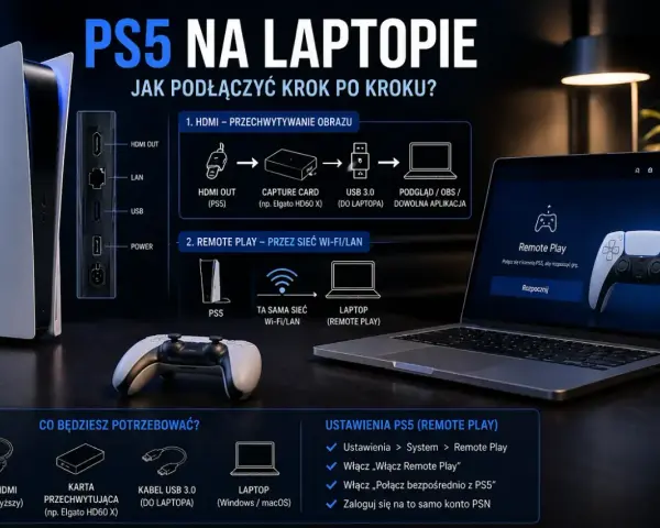 Instrukcja jak grać na laptopie z PS5 przez Remote Play. Pokazano połączenie HDMI i opcję Remote Play przez Wi-Fi/LAN.