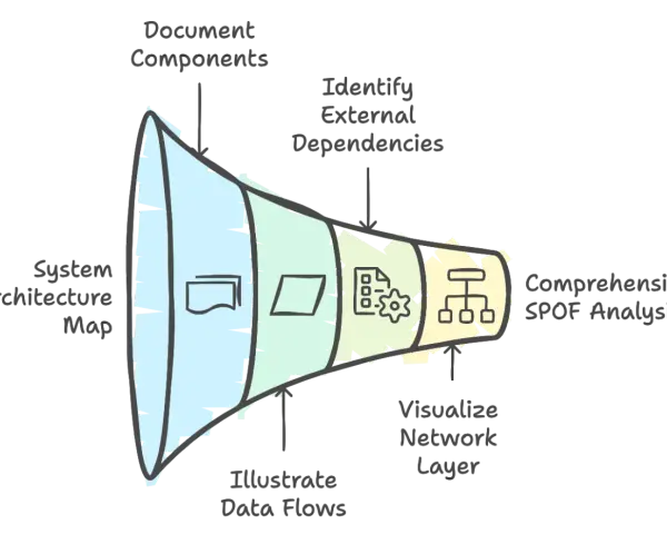 A funnel diagram illustrating steps for comprehensive SPOF analysis: System Architecture Map, Document Components, Identify External Dependencies, Illustrate Data Flows, Visualize Network Layer.