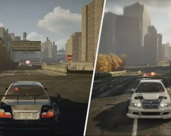 Dwie sceny z gry Need for Speed Most Wanted remake: po lewej BMW M3 z tyłu, po prawej BMW z przodu.