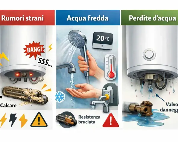 Lo scaldabagno Perla 5 lampeggia: rumori strani, acqua fredda o perdite indicano problemi come calcare, resistenza bruciata o valvola danneggiata.