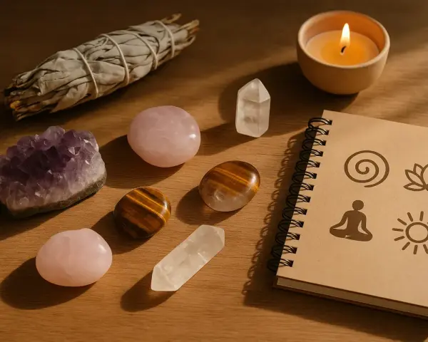 Amuleto de piedras, incienso y vela. El significado de las piedras protectoras se revela en este rincón de paz.