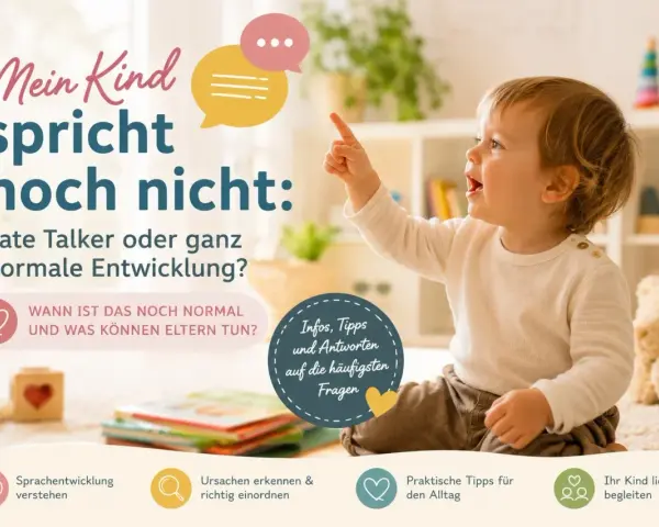 Kleines Kind zeigt neugierig nach oben. Text fragt: "Mein Kind spricht noch nicht: Late Talker oder normale Entwicklung?" Bietet Infos & Tipps für Eltern.
