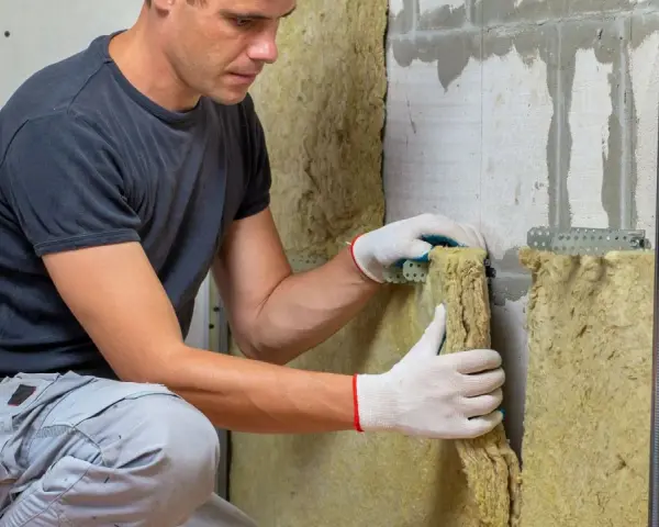 Operaio con guanti installa isolante in lana di roccia. Il depron è muffa, ma questo materiale isolante previene la sua formazione.