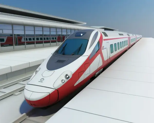 Nowoczesny, biało-czerwony pociąg Pendolino na peronie dworca.